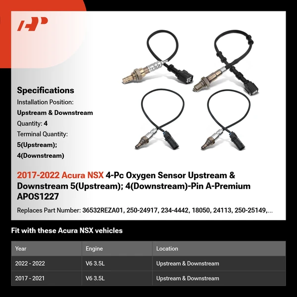 2017-2022 Acura NSX 4-Pc Oxygen Sensor Upstream & Downstream 5(Upstream); 4(Downstream)-Pin A-Premium APOS1227