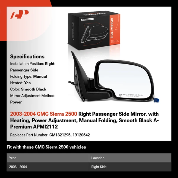 2003-2004 GMC Sierra 2500 Right Passenger Side Mirror, with Heating, Power Adjustment, Manual Folding, Smooth Black A-Premium APMI2112