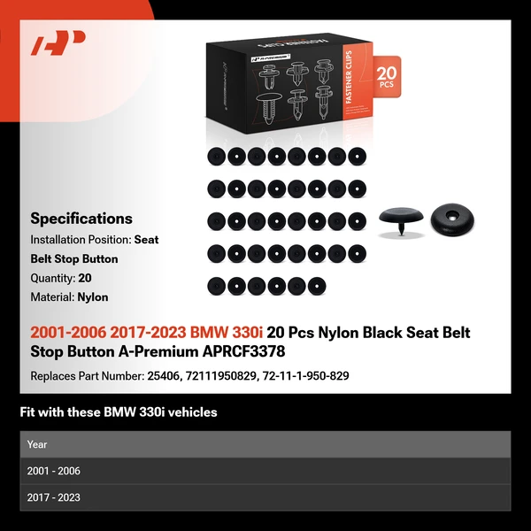 2001-2006 2017-2023 BMW 330i 20 Pcs Nylon Black Seat Belt Stop Button A-Premium APRCF3378