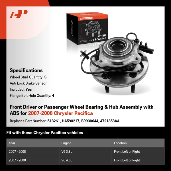 Front Driver or Passenger Wheel Bearing & Hub Assembly with ABS for 2007-2008 Chrysler Pacifica