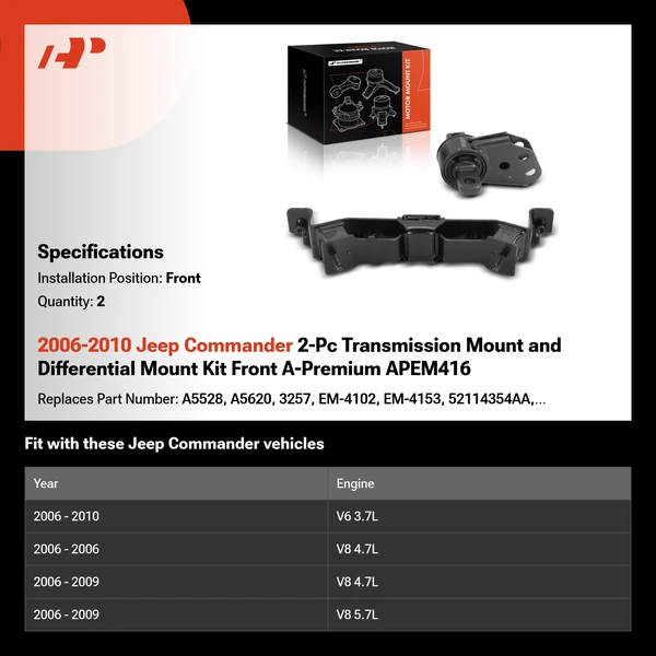 2006-2010 Jeep Commander 2-Pc Transmission Mount and Differential Mount Kit Front A-Premium APEM416