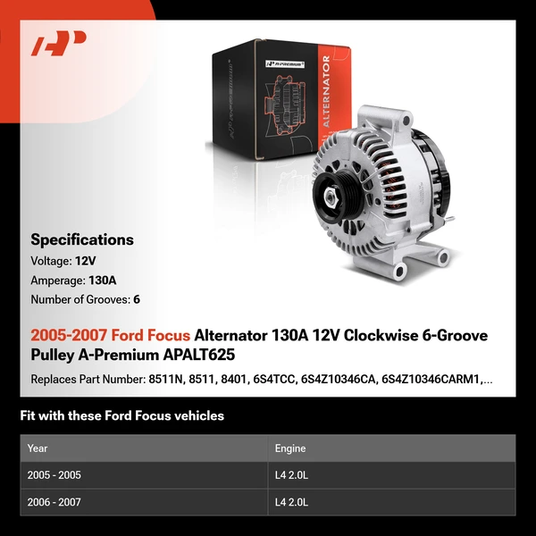 2005-2007 Ford Focus Alternator 130A 12V Clockwise 6-Groove Pulley A-Premium APALT625