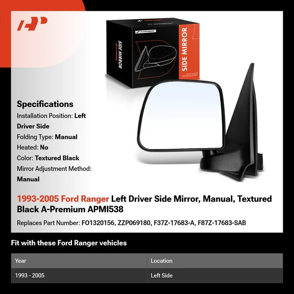 1993-2005 Ford Ranger Left Driver Side Mirror, Manual, Textured Black A-Premium APMI538