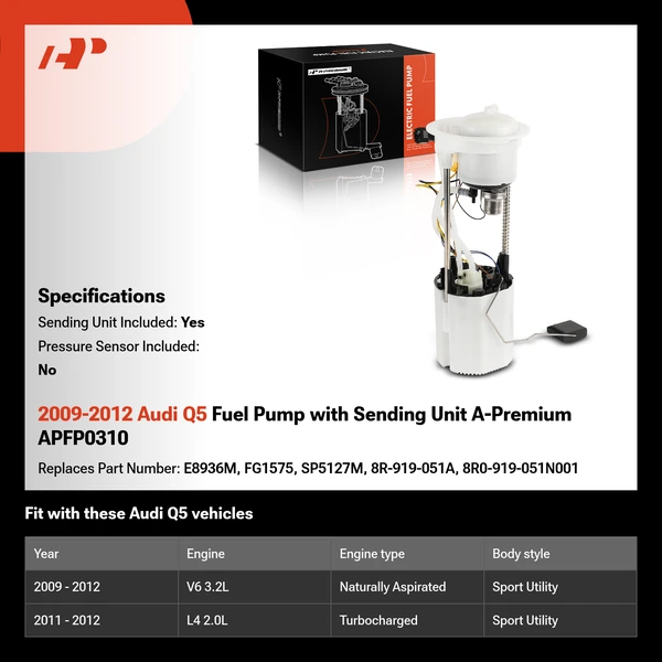 2009-2012 Audi Q5 Fuel Pump with Sending Unit A-Premium APFP0310