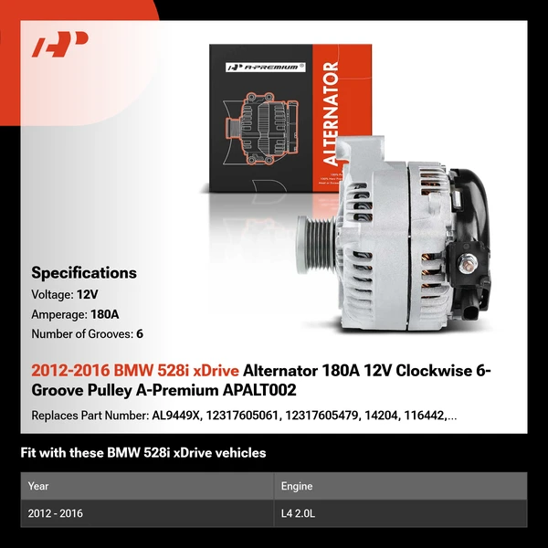 2012-2016 BMW 528i xDrive Alternator 180A 12V Clockwise 6-Groove Pulley A-Premium APALT002