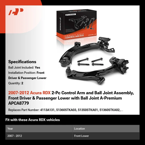 2007-2012 Acura RDX 2-Pc Control Arm and Ball Joint Assembly, Front Driver & Passenger Lower with Ball Joint A-Premium APCA8779