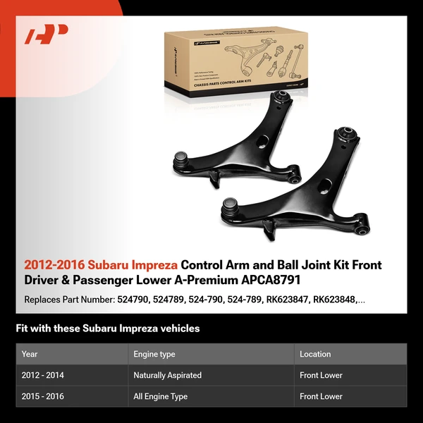 2012-2016 Subaru Impreza Control Arm and Ball Joint Kit Front Driver & Passenger Lower A-Premium APCA8791