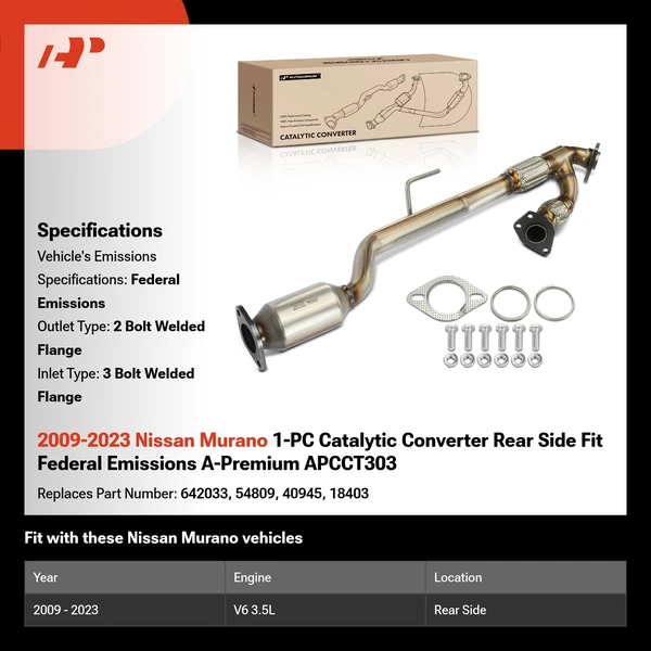 2009-2023 Nissan Murano 1-PC Catalytic Converter Rear Side Fit Federal Emissions A-Premium APCCT303