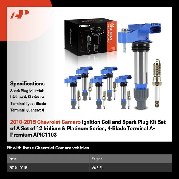 2010-2015 Chevrolet Camaro Ignition Coil and Spark Plug Kit Set of A Set of 12 Iridium & Platinum Series, 4-Blade Terminal A-Premium APIC1103