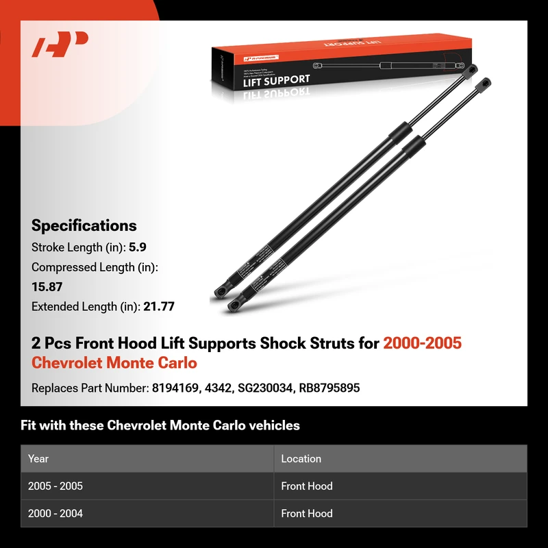 2 Pcs Front Hood Lift Supports Shock Struts for 2000-2005 Chevrolet Monte Carlo