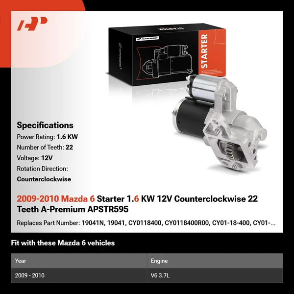 2009-2010 Mazda 6 Starter 1.6 KW 12V Counterclockwise 22 Teeth A-Premium APSTR595