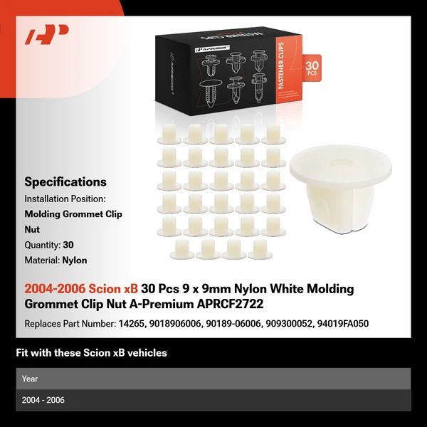 2004-2006 Scion xB 30 Pcs 9 x 9mm Nylon White Molding Grommet Clip Nut A-Premium APRCF2722