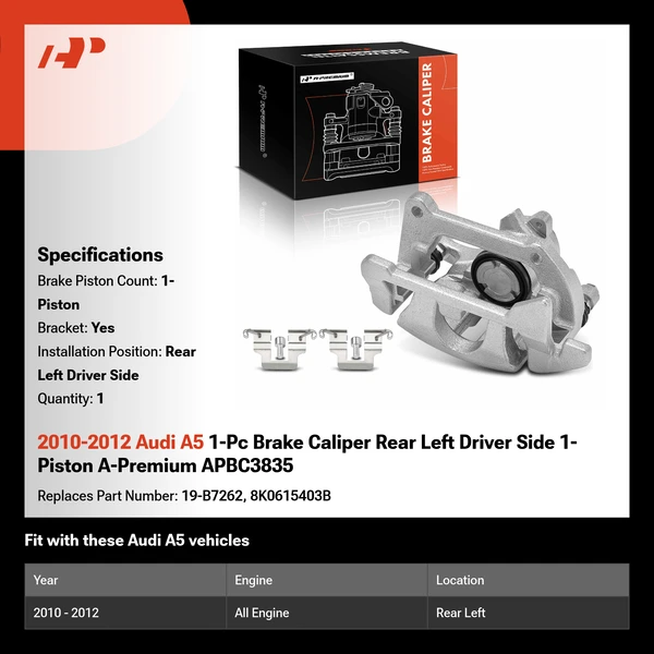 2010-2012 Audi A5 1-Pc Brake Caliper Rear Left Driver Side 1-Piston A-Premium APBC3835