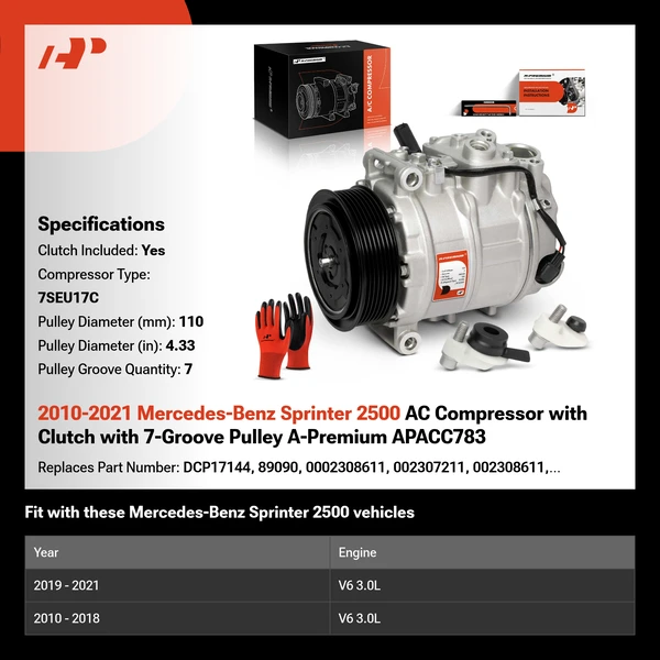 2010-2021 Mercedes-Benz Sprinter 2500 AC Compressor with Clutch with 7-Groove Pulley A-Premium APACC783