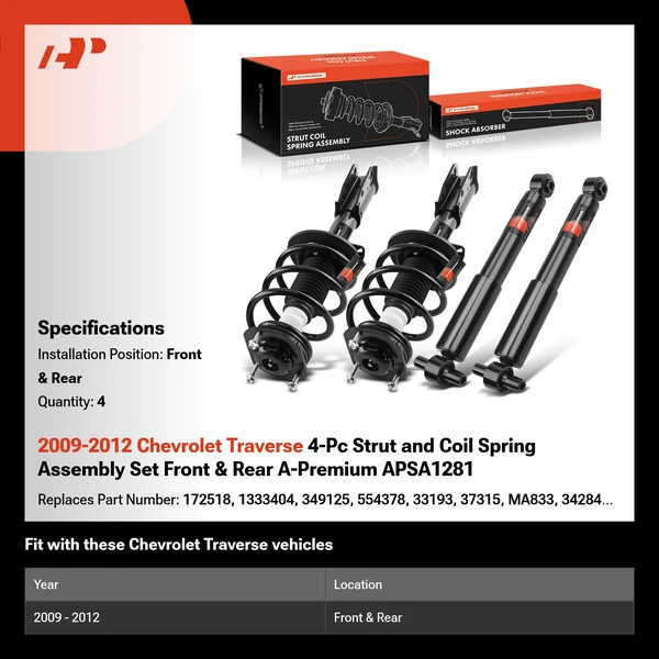 2009-2012 Chevrolet Traverse 4-Pc Strut and Coil Spring Assembly Set Front & Rear A-Premium APSA1281