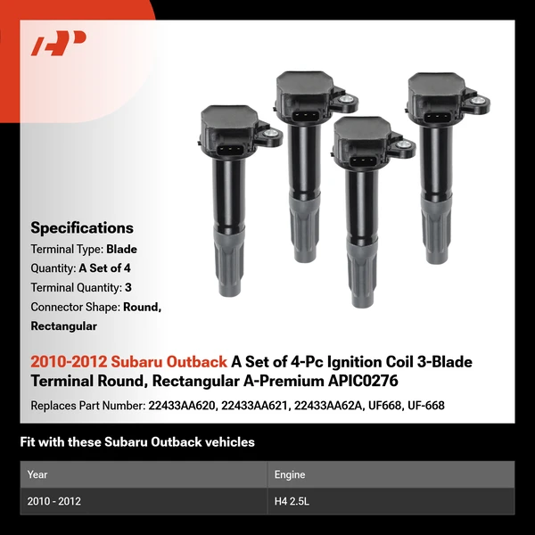 2010-2012 Subaru Outback A Set of 4-Pc Ignition Coil 3-Blade Terminal Round, Rectangular A-Premium APIC0276