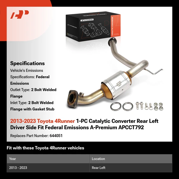 2013-2023 Toyota 4Runner 1-PC Catalytic Converter Rear Left Driver Side Fit Federal Emissions A-Premium APCCT792