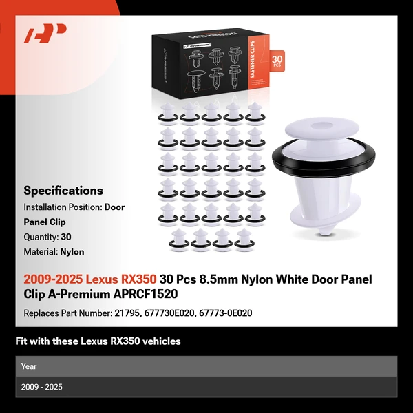 2009-2025 Lexus RX350 30 Pcs 8.5mm Nylon White Door Panel Clip A-Premium APRCF1520