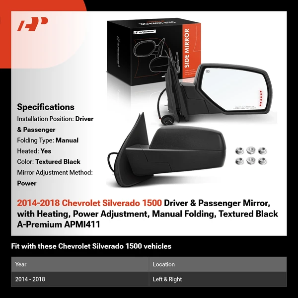 2014-2018 Chevrolet Silverado 1500 Driver & Passenger Mirror, with Heating, Power Adjustment, Manual Folding, Textured Black A-Premium APMI411