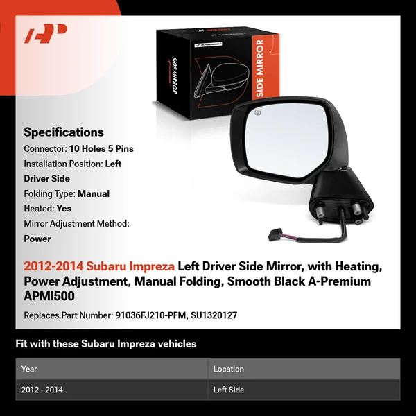 2012-2014 Subaru Impreza Left Driver Side Mirror, with Heating, Power Adjustment, Manual Folding, Smooth Black A-Premium APMI500