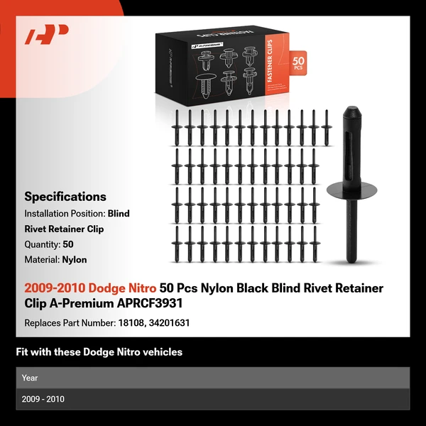 2009-2010 Dodge Nitro 50 Pcs Nylon Black Blind Rivet Retainer Clip A-Premium APRCF3931