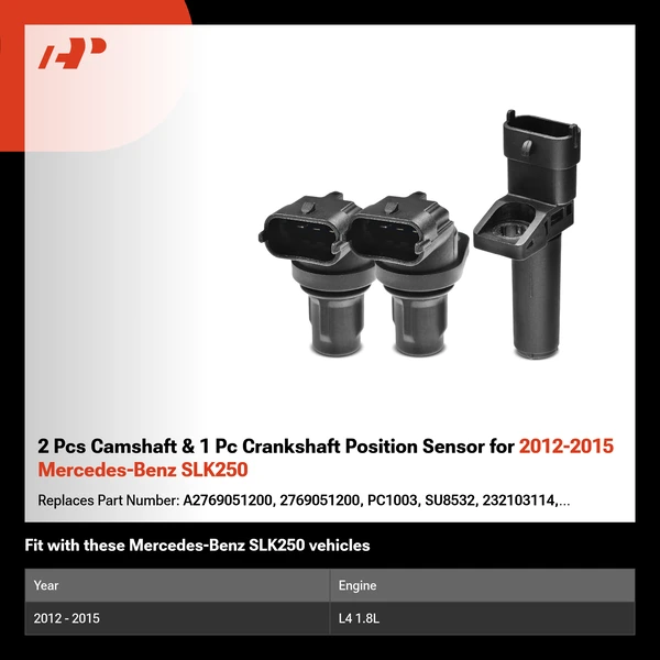 2 Pcs Camshaft & 1 Pc Crankshaft Position Sensor for 2012-2015 Mercedes-Benz SLK250