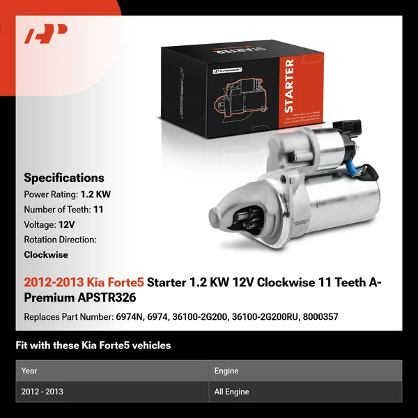 2012-2013 Kia Forte5 Starter 1.2 KW 12V Clockwise 11 Teeth A-Premium APSTR326