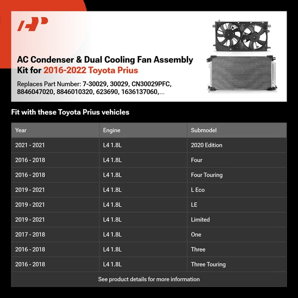AC Condenser & Dual Cooling Fan Assembly Kit for 2016-2022 Toyota Prius