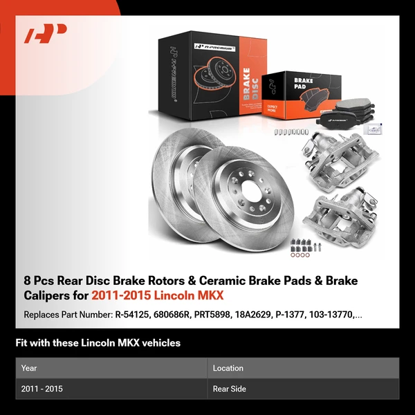 8 Pcs Rear Disc Brake Rotors & Ceramic Brake Pads & Brake Calipers for 2011-2015 Lincoln MKX