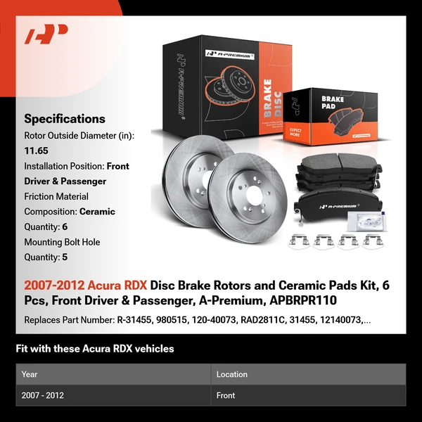 2007-2012 Acura RDX Disc Brake Rotors and Ceramic Pads Kit, 6 Pcs, Front Driver & Passenger, A-Premium, APBRPR110