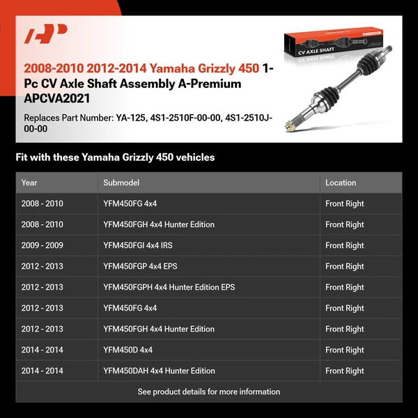 2008-2010 2012-2014 Yamaha Grizzly 450 1-Pc CV Axle Shaft Assembly A-Premium APCVA2021