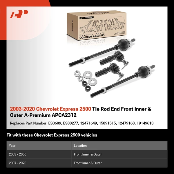 2003-2020 Chevrolet Express 2500 Tie Rod End Front Inner & Outer A-Premium APCA2312