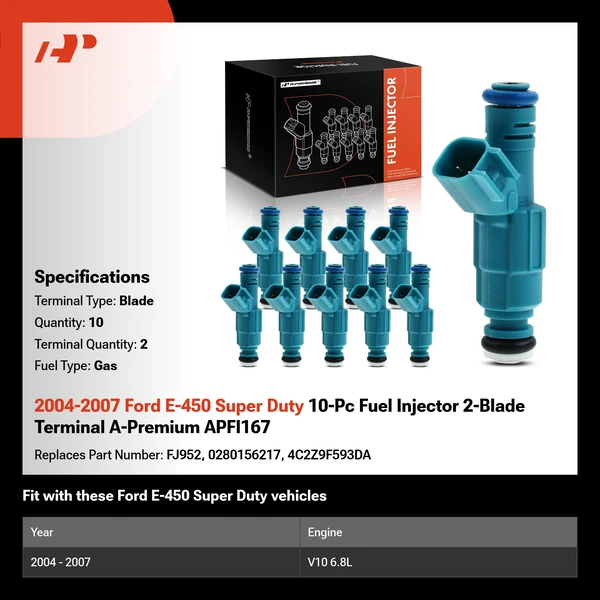 2004-2007 Ford E-450 Super Duty 10-Pc Fuel Injector 2-Blade Terminal A-Premium APFI167