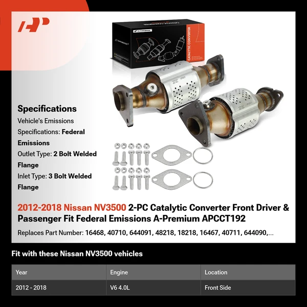 2012-2018 Nissan NV3500 2-PC Catalytic Converter Front Driver & Passenger Fit Federal Emissions A-Premium APCCT192