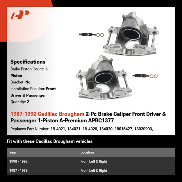 1987-1992 Cadillac Brougham 2-Pc Brake Caliper Front Driver & Passenger 1-Piston A-Premium APBC1377