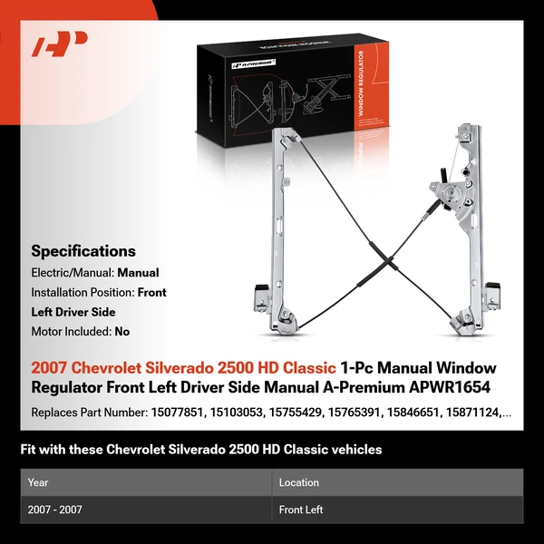 2007 Chevrolet Silverado 2500 HD Classic 1-Pc Manual Window Regulator Front Left Driver Side Manual A-Premium APWR1654