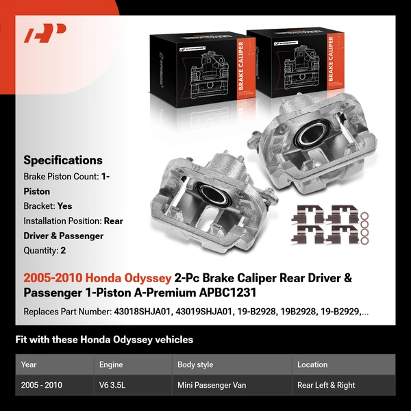 2005-2010 Honda Odyssey 2-Pc Brake Caliper Rear Driver & Passenger 1-Piston A-Premium APBC1231