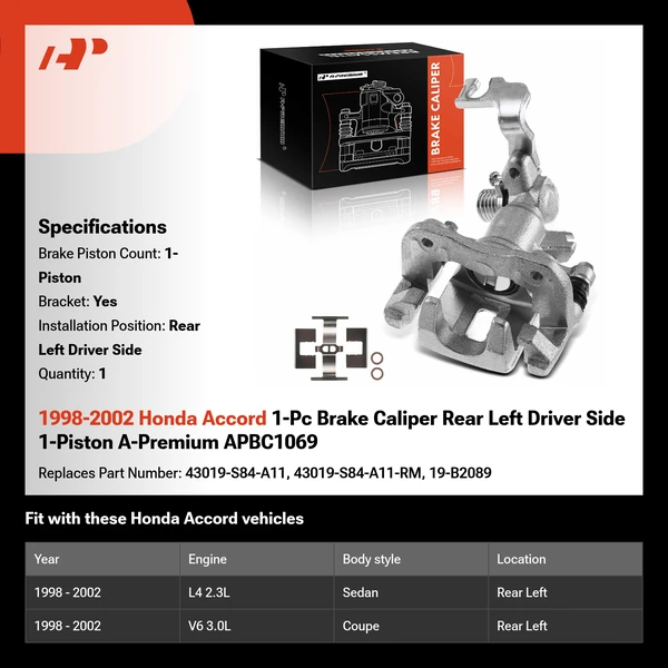 1998-2002 Honda Accord 1-Pc Brake Caliper Rear Left Driver Side 1-Piston A-Premium APBC1069