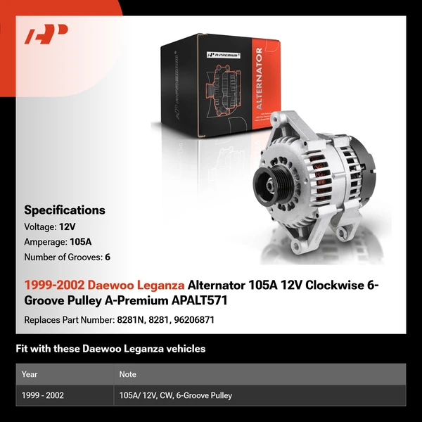 1999-2002 Daewoo Leganza Alternator 105A 12V Clockwise 6-Groove Pulley A-Premium APALT571