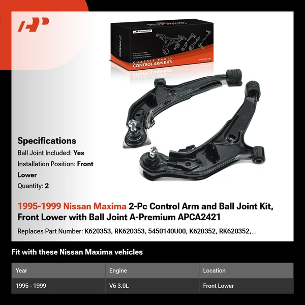 1995-1999 Nissan Maxima 2-Pc Control Arm and Ball Joint Kit, Front Lower with Ball Joint A-Premium APCA2421