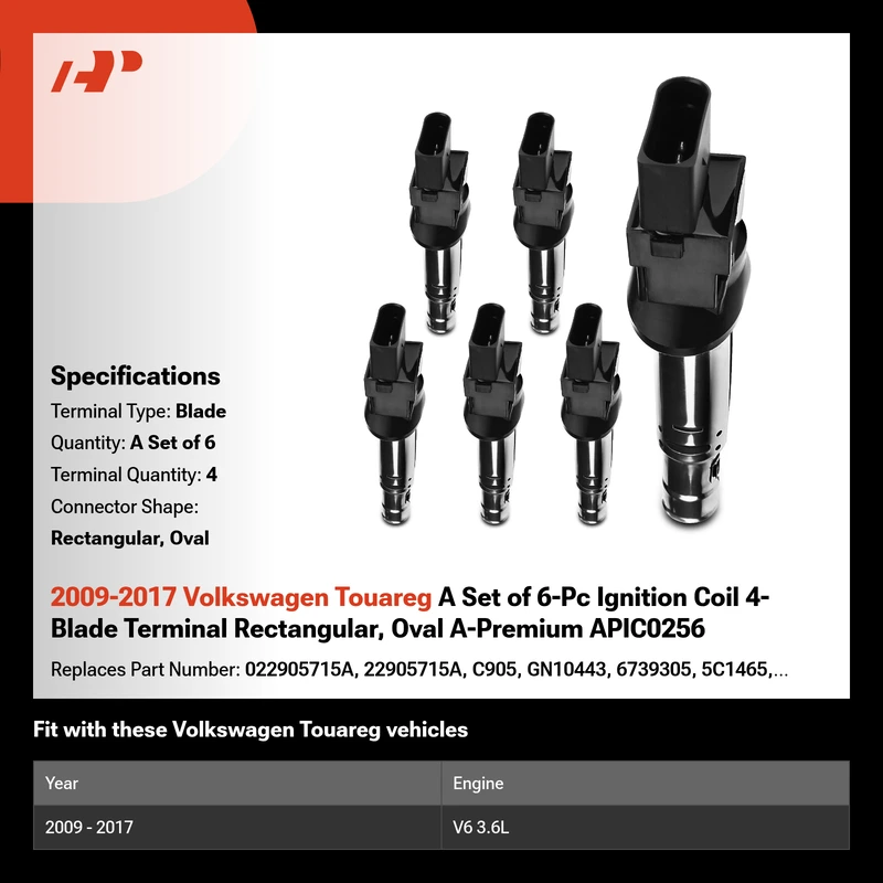 2009-2017 Volkswagen Touareg A Set of 6-Pc Ignition Coil 4-Blade Terminal Rectangular, Oval A-Premium APIC0256