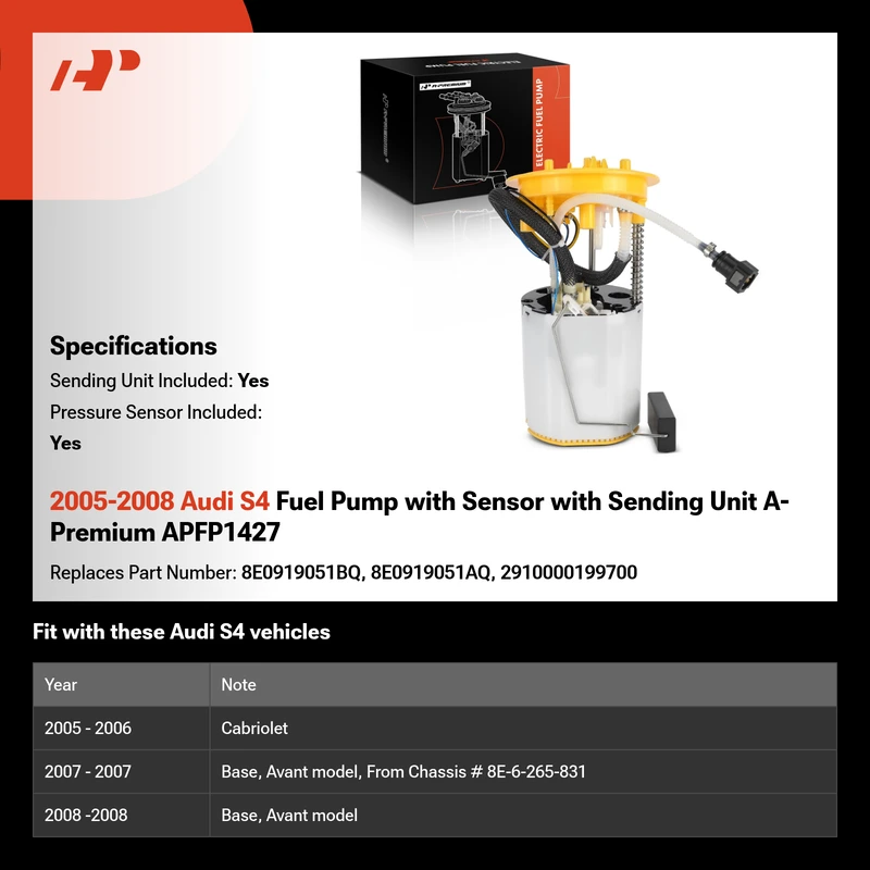 2005-2008 Audi S4 Fuel Pump with Sensor with Sending Unit A-Premium APFP1427