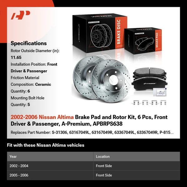 2002-2006 Nissan Altima Brake Pad and Rotor Kit, 6 Pcs, Front Driver & Passenger, A-Premium, APBRPS638