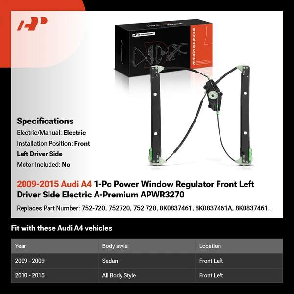 2009-2015 Audi A4 1-Pc Power Window Regulator Front Left Driver Side Electric A-Premium APWR3270