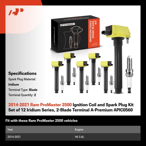 2014-2021 Ram ProMaster 2500 Ignition Coil and Spark Plug Kit Set of 12 Iridium Series, 2-Blade Terminal A-Premium APIC0560