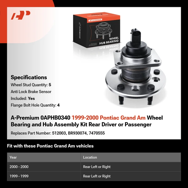 A-Premium 0APHB0340 1999-2000 Pontiac Grand Am Wheel Bearing and Hub Assembly Kit Rear Driver or Passenger