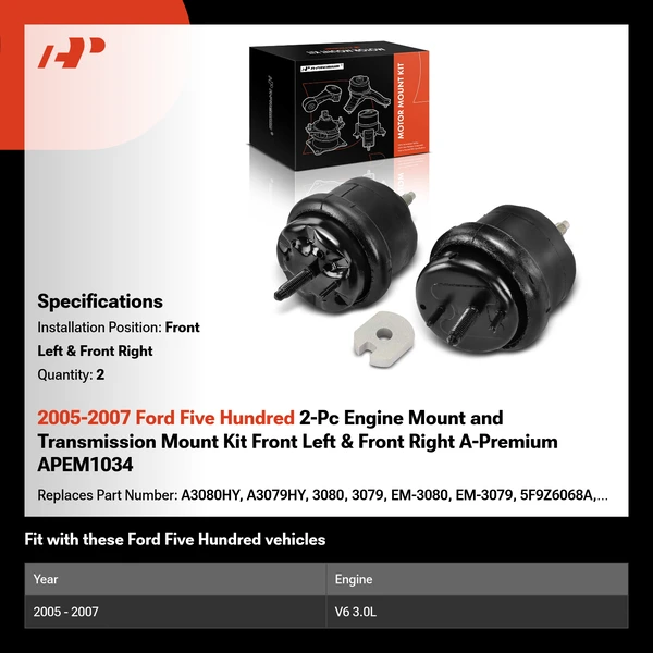 2005-2007 Ford Five Hundred 2-Pc Engine Mount and Transmission Mount Kit Front Left & Front Right A-Premium APEM1034