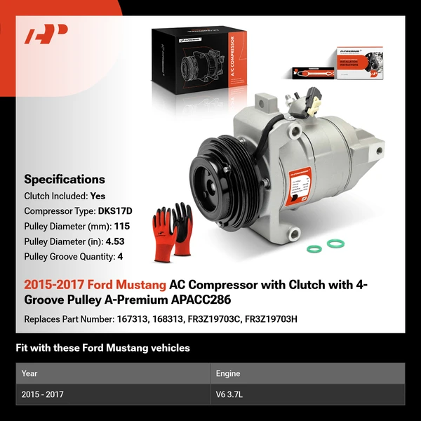 2015-2017 Ford Mustang AC Compressor with Clutch with 4-Groove Pulley A-Premium APACC286