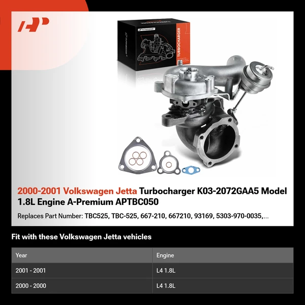 2000-2001 Volkswagen Jetta Turbocharger K03-2072GAA5 Model 1.8L Engine A-Premium APTBC050