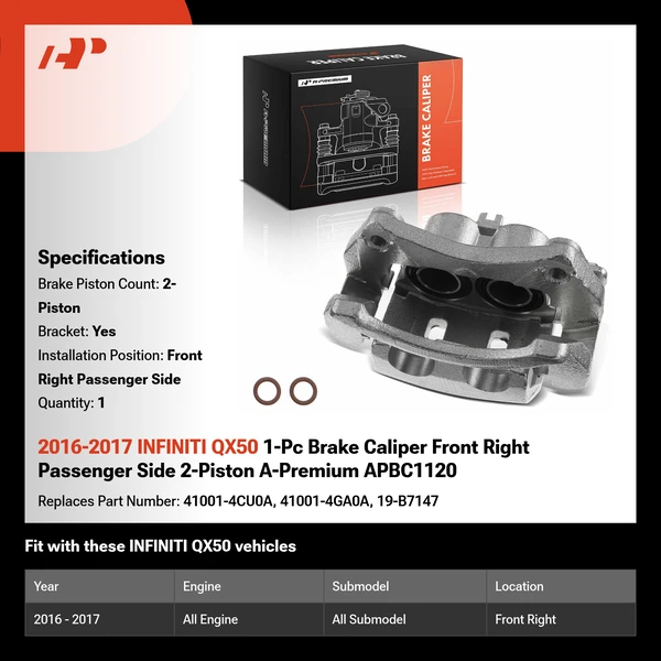 2016-2017 INFINITI QX50 1-Pc Brake Caliper Front Right Passenger Side 2-Piston A-Premium APBC1120